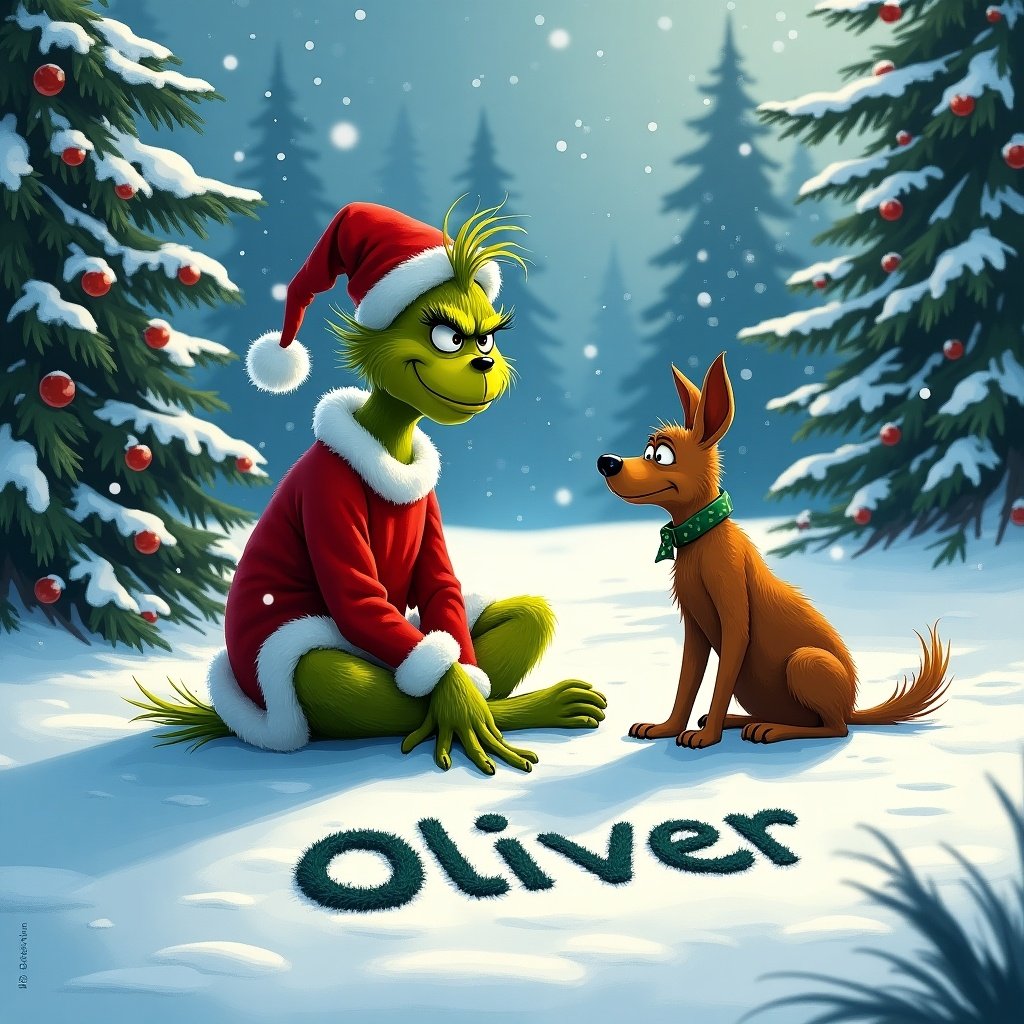 In a whimsical wintry scene, the Grinch, with his characteristic green fur and a red Santa outfit, sits beside Max, his loyal dog. They are on a snowy ground surrounded by snow-covered trees adorned with Christmas ornaments. The Grinch is playfully writing the name 'Oliver' in the snow. The atmosphere is cheerful and enchanting, capturing the spirit of Christmas. Snowflakes gently fall around them, enhancing the festive setting. The scene embodies a blend of humor and heartwarming moments typical of holiday tales, making it a delightful visual for audiences.