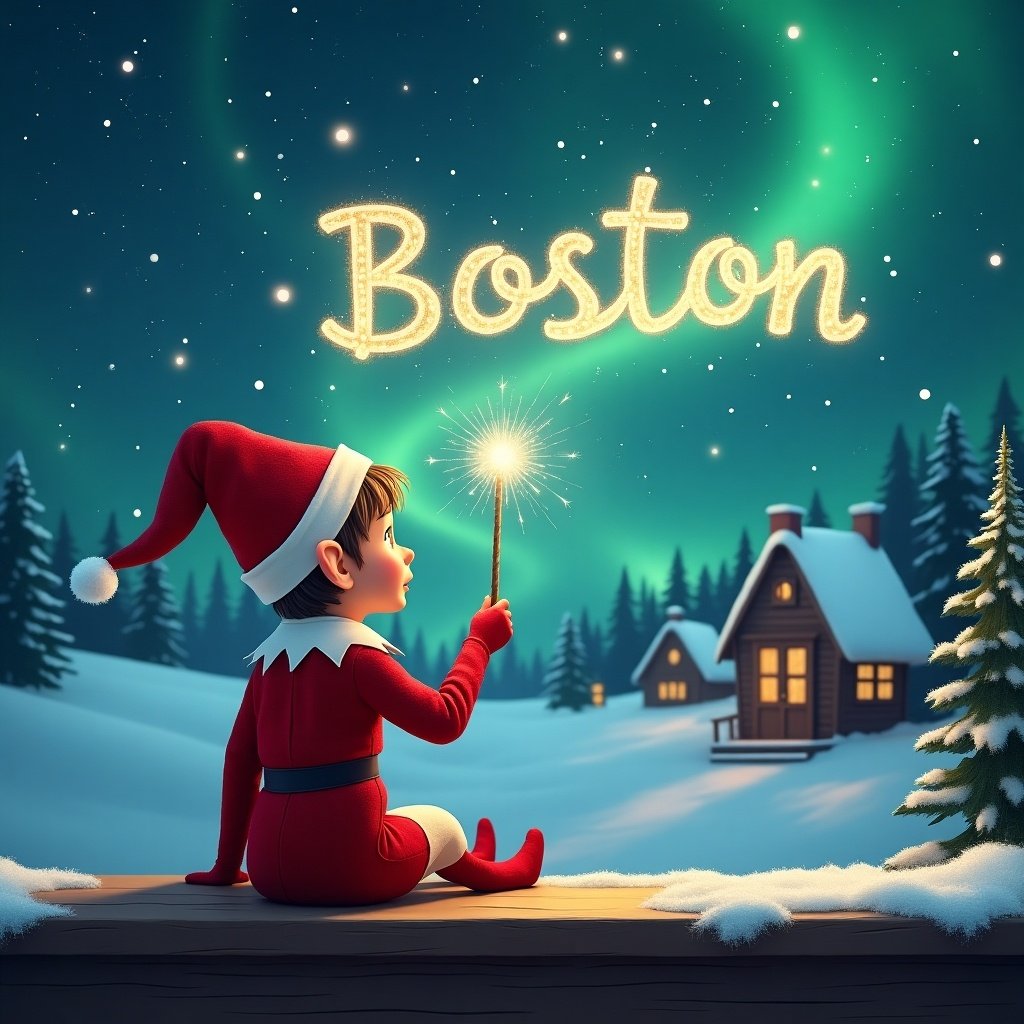 An elf sits on a wooden ledge with its back to the camera, gazing at a magical sky. The elf is dressed in a red outfit with a pointed hat and holds a sparkling wand. With the wand, the elf elegantly writes the name ‘Boston’ in the starry sky. The background features a snowy landscape with charming little houses. Evergreen trees stand tall under the shimmering Northern Lights. This whimsical scene captures the essence of childhood magic and Christmas cheer.