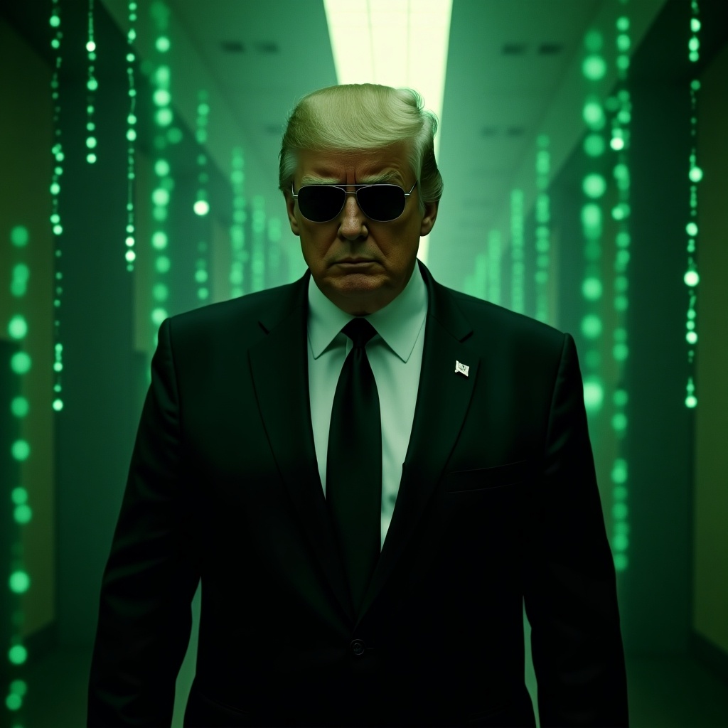 The image features a figure resembling Donald Trump, styled as a Matrix agent. Dressed in a sleek black suit with sunglasses, the figure stands confidently in a dimly lit corridor. The background is filled with cascading green digital code, reminiscent of the iconic Matrix aesthetic. The overall mood is both dramatic and cinematic, reflecting themes of power and control. This portrayal blends political imagery with elements of science fiction, invoking curiosity and conversation.