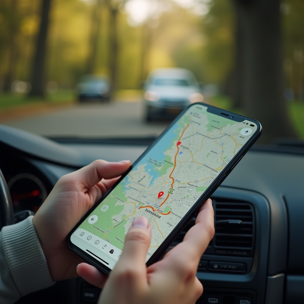 A person in a car using a smartphone's GPS to navigate a scenic route.