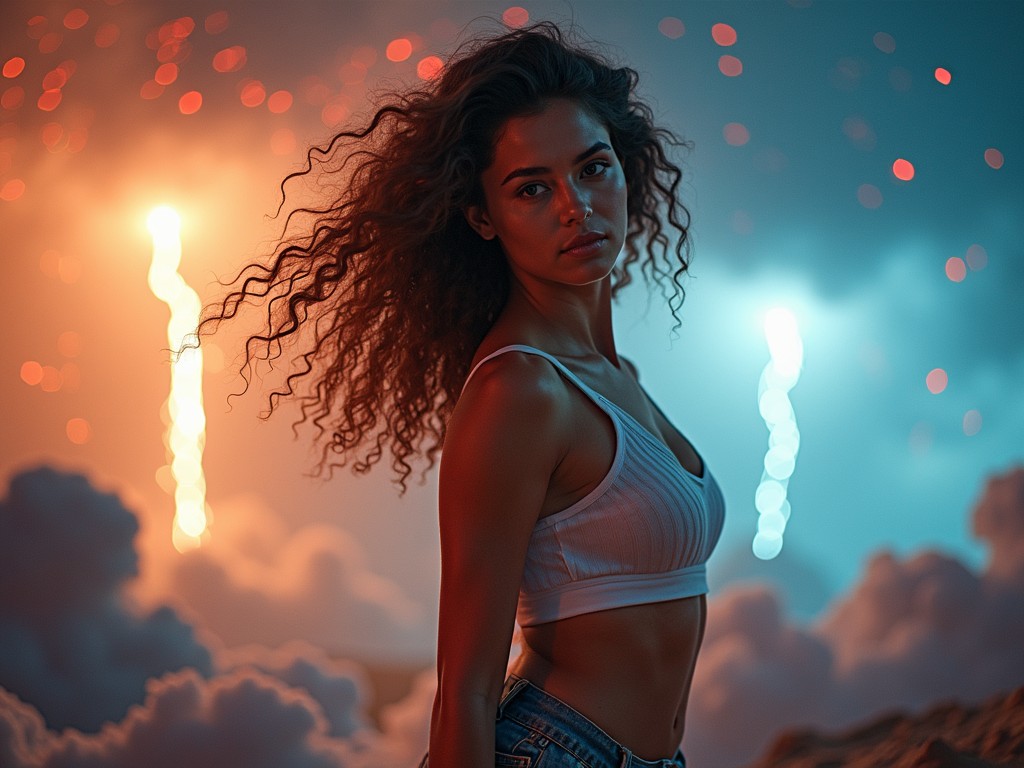 The image features a woman with curly hair, captured against a dramatic backdrop of fiery reds and cool blues. The contrast in lighting makes her stand out as she gazes intensely towards the camera. The vibrant colors in the sky create a magical and surreal atmosphere, adding depth and intrigue.