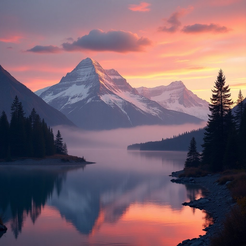 Stunning landscape featuring a mountain with a pink and orange sunset sky. A calm lake reflects the scenery. Pine trees line the shore, creating a serene atmosphere.