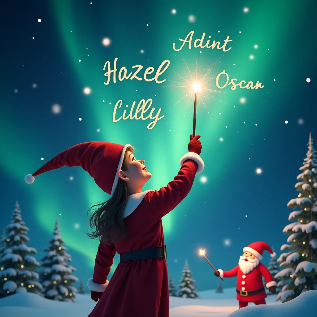 Elf faces magical sky. Uses wand to write names in air. Background shows northern lights and Santa. Names are 'Hazel', 'Oscar', 'Lilly'.