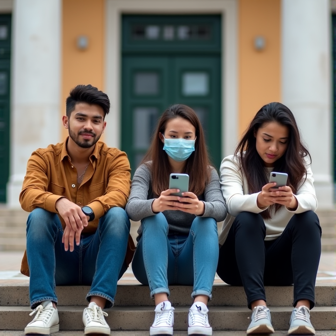 Three young adults sit on steps outside a building; two focus on their phones while one wears a mask.