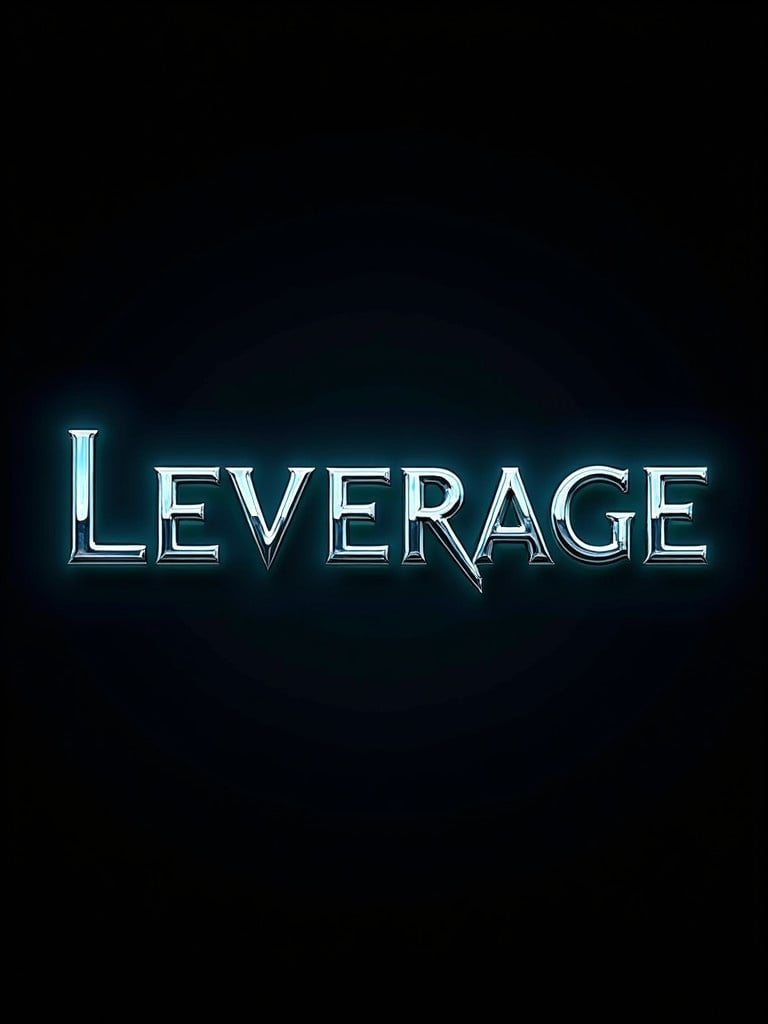 3D chrome letters spell Leverage Group. Text glows with blue and teal light. Black background enhances design. Evokes elegance and sophistication. Letters reflective and uniform in size. Creates luxurious contrast.