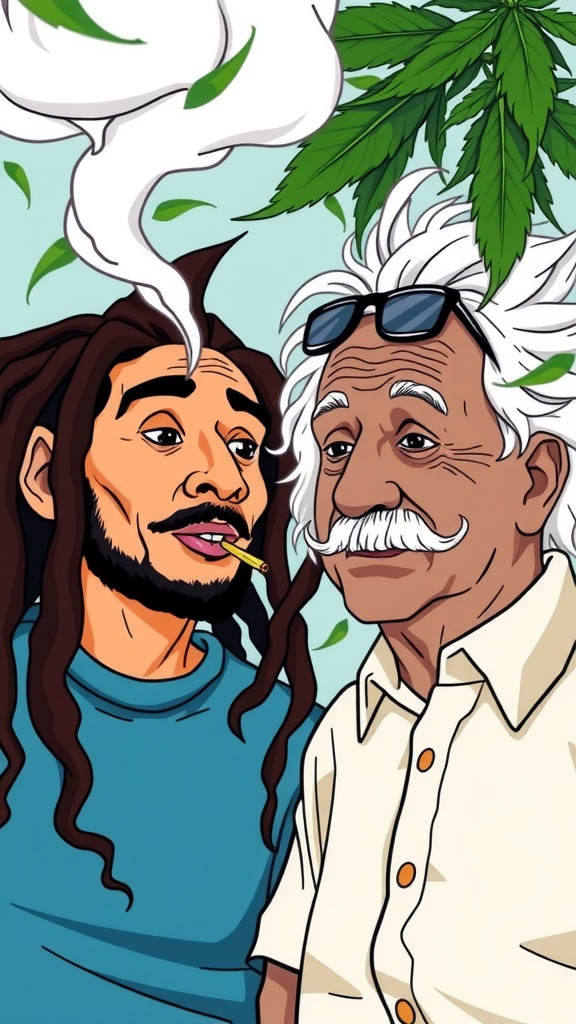 This illustration depicts two iconic figures engaging in a casual conversation, surrounded by marijuana leaves. One character with long dreadlocks is holding a joint, exhaling smoke, while the older man, with wild white hair and a mustache, wears sunglasses on his head. The background is a light blue, adding to the relaxed and surreal vibe of the scene.