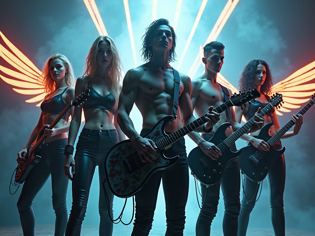 The image showcases a dynamic rock band set against a dramatic background with illuminated wings, creating a striking visual. The members, composed of both men and women, are confidently holding electric guitars, with their strong postures and intense expressions adding to the energetic and rebellious vibe. The glowing wings lend an ethereal aspect to the scene, blending elements of fantasy and rock in a vibrant display.