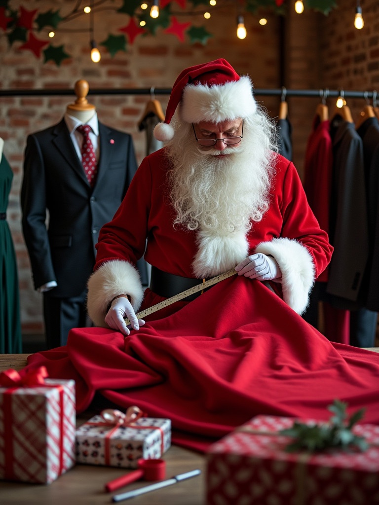 Santa Claus measures large piece of red fabric using tape measure preparing to tailor festive suit. Background shows wedding suits on racks tailoring tools like measuring tapes scissors and fabric samples. Scene is cozy with wrapped gifts and festive elements like holly and snowflakes. Overall atmosphere is warm cheerful and festive.