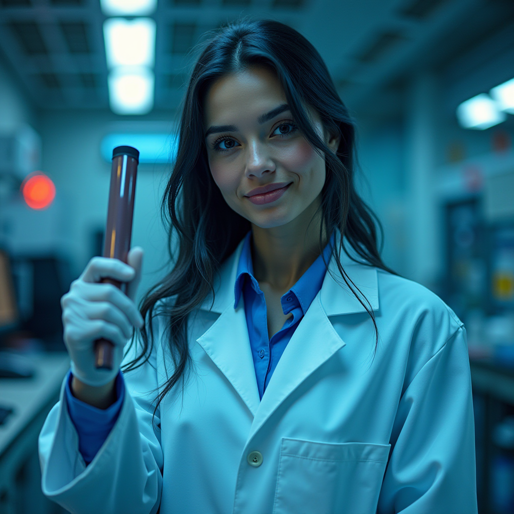 A person in a lab coat smiles while holding a test tube in a laboratory setting with blue-tinted lighting.