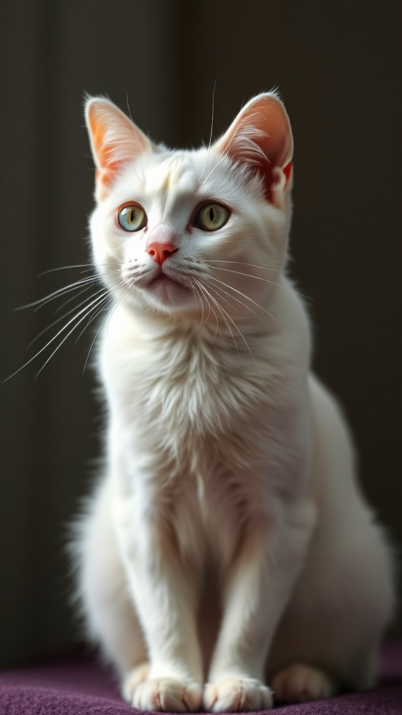 A white cat with green eyes sits attentively on a dark surface, its fur glowing in the soft light.