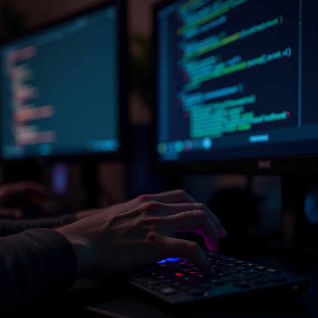 A person coding on a computer with two screens displaying code in a dimly lit room.