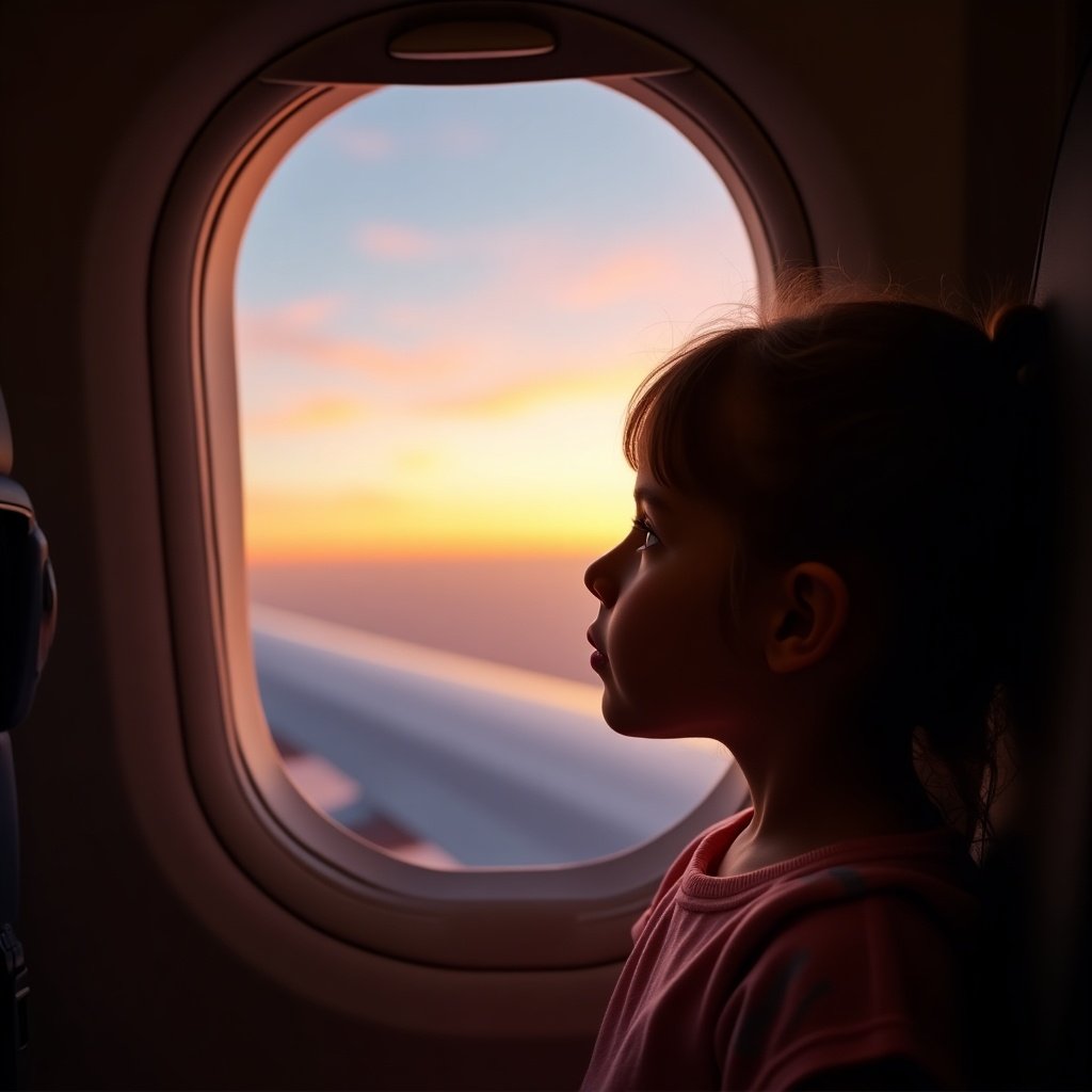 Young girl gazes out of an airplane window. She is captivated by the sunset sky. Warm colors fill the scene. Soft lighting highlights her profile. Side view shows her wonder and curiosity.