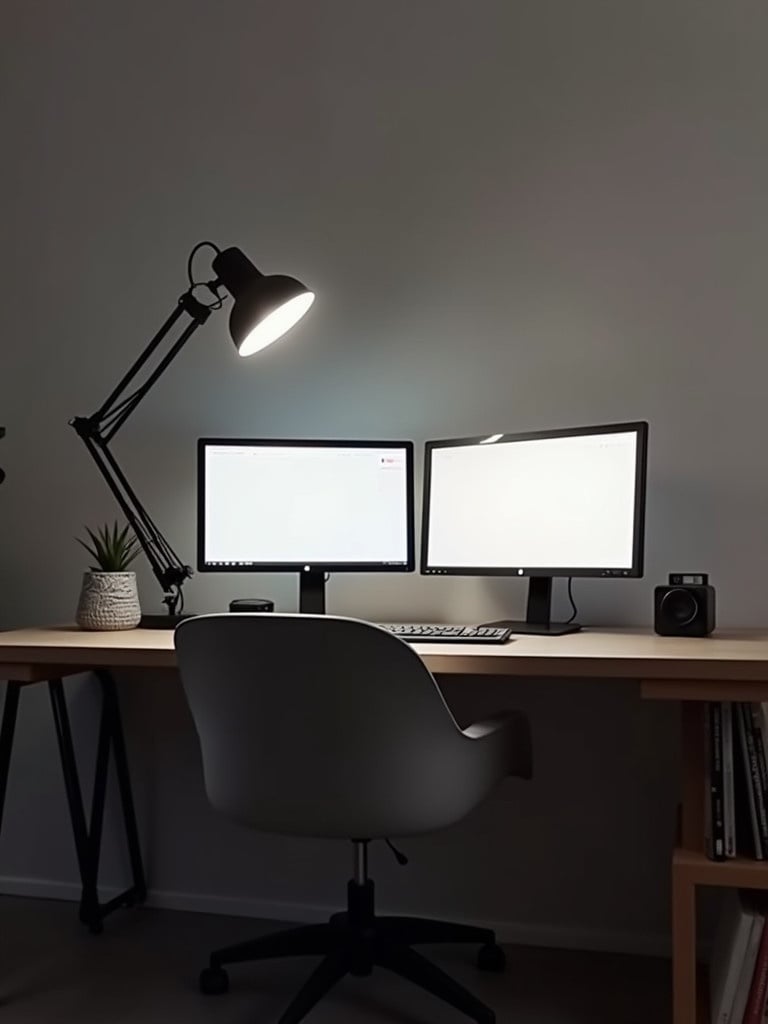 Simple home office setup with dual monitors. Modern minimalist vibe created by a clean desk and a stylish desk lamp. Green plant adds a touch of nature. Cozy and functional design for productivity.