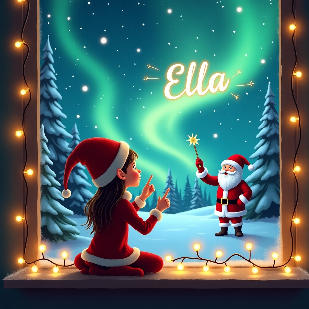 Girl elf on the shelf enjoys festive atmosphere. Elf faces the sky with a wand. Sparks write the name 'Ella' among northern lights. Santa Claus appears in background. Snow-covered trees create a magical setting. Cozy window decorated with soft lights evokes holiday warmth.