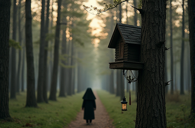 A lone figure walks away on a foggy forest path, with a small house and lantern hanging on a tree.