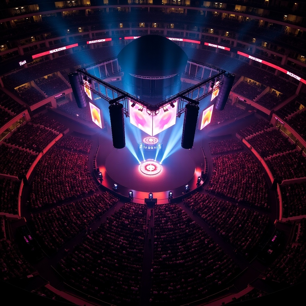 Aerial view of a concert at Madison Square Garden featuring Roddy Ricch. The stage has a T-shaped runway. Bright and colorful lighting illuminates the venue. Large crowd fills the arena.