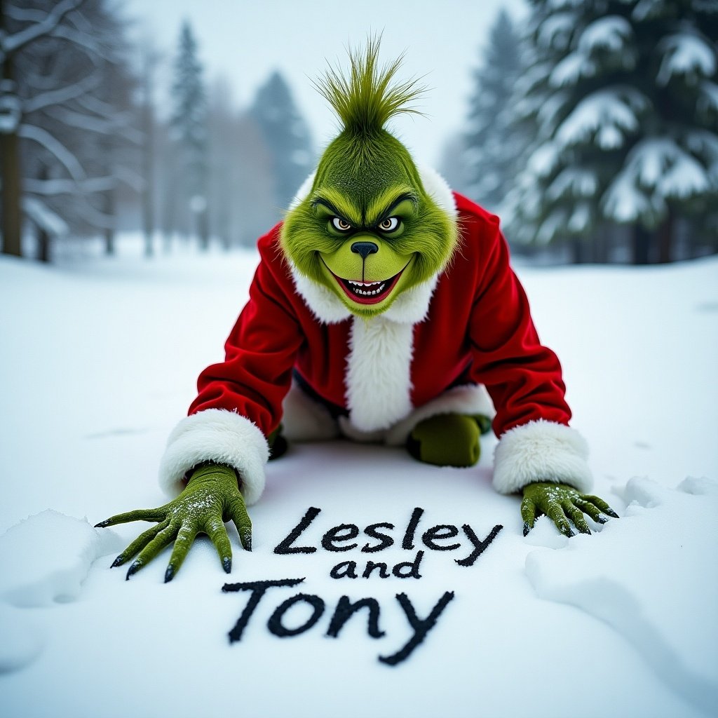 Grinch wearing Santa suit writes name in snow