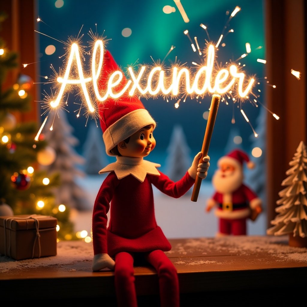 A Christmas scene features an elf on the shelf and Santa. The elf dressed in red and white uses a magic wand to write 'Alexander' in sparkling script. Vibrant northern lights create a magical backdrop. The scene captures the spirit of Christmas with a whimsical touch and evokes wonder and excitement.