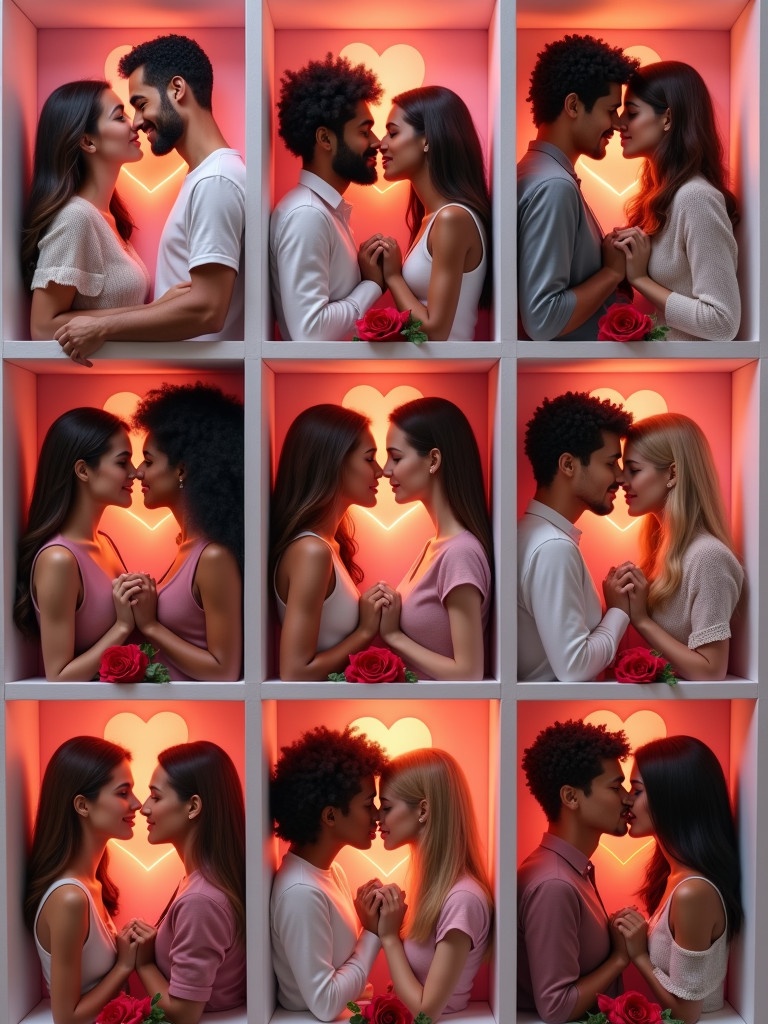 Collage of diverse couples in boxed frames. Show affection through holding hands and hugging. Include young, middle-aged, elderly couples from various ethnic backgrounds. Decorated with pink and red tones, glowing hearts, roses, and Valentine's Day elements. Create a warm, intimate, vibrant aesthetic.