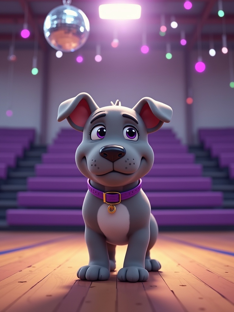 Gray cartoon bulldog with purple collar is in a school gym. Purple bleachers are in the background. A disco ball hangs from the ceiling. Colorful party lights create a fun atmosphere.