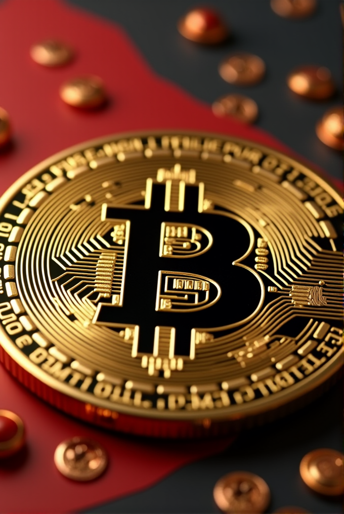 A close-up of a shiny gold Bitcoin coin surrounded by smaller coins on a dark and red background.