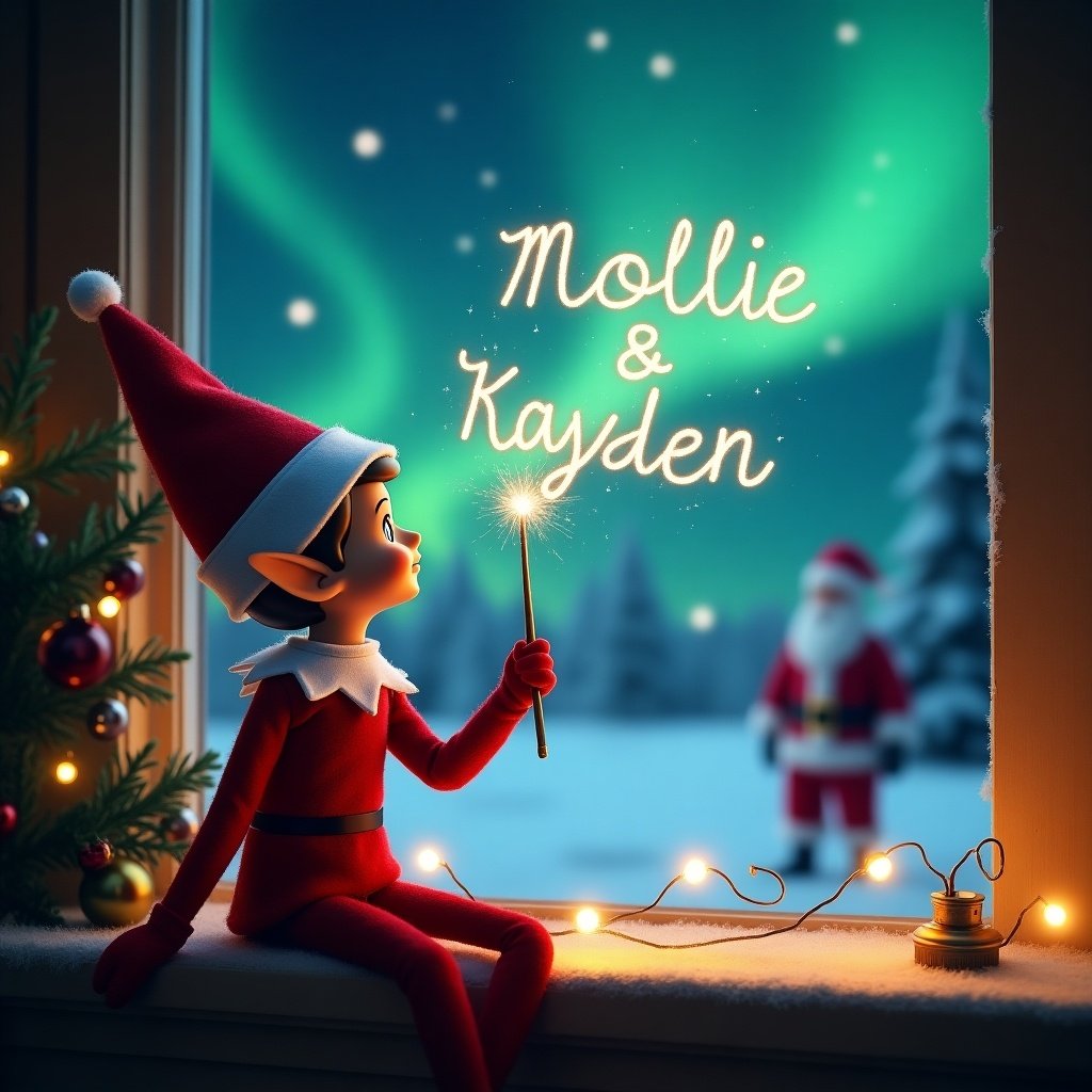 An elf observes the northern lights. The elf wields a wand to create the names 'Mollie & Kayden' in sparkles. Santa appears in the background. The scene radiates Christmas magic with warm, soft illuminations.