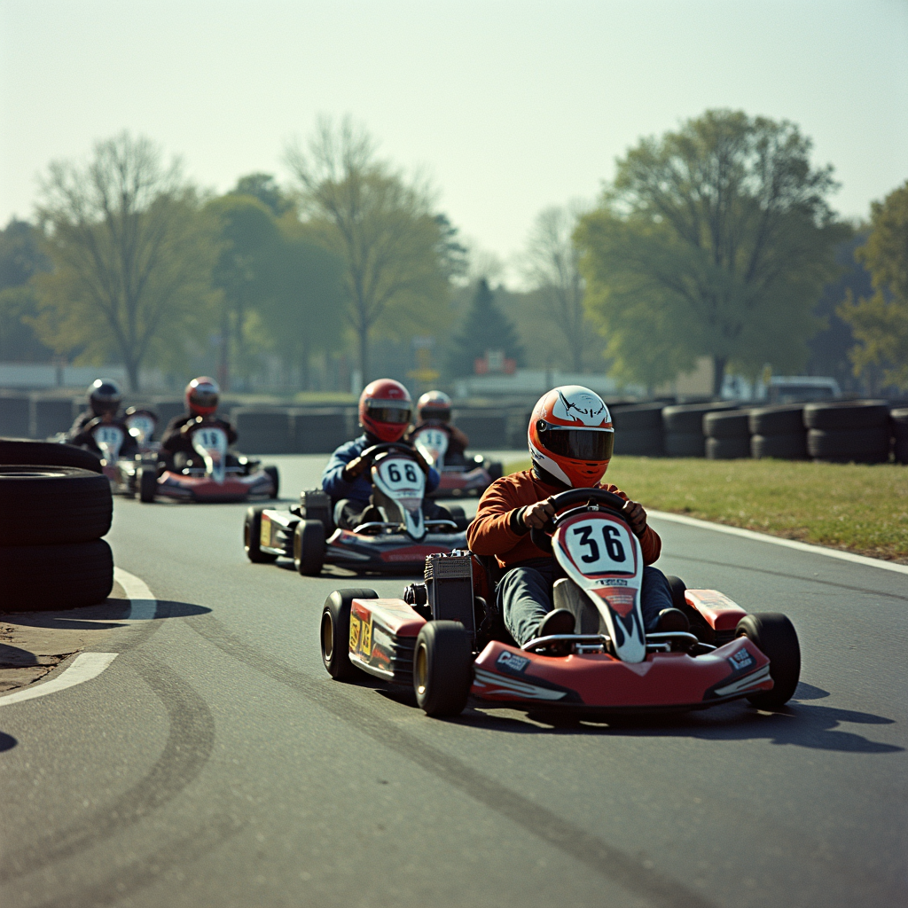 Go-kart drivers in helmets race on a track lined with tires and trees.