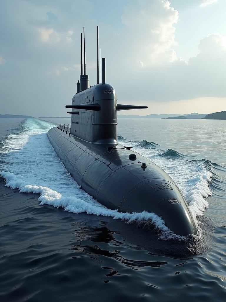 A nuclear submarine of the future. The submarine is sleek and modern. It glides smoothly through calm ocean waters. The sky is partly cloudy and the light is reflected on the water surface. A sense of advanced technology and power is conveyed.