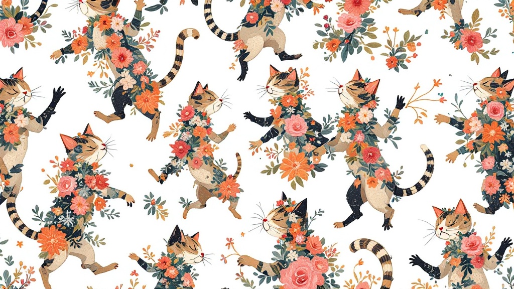 Floral-clad feline figures dance across the design. Cats are captured mid-movement with floral patterns blossoming from their fur. The floral elements are vibrant and varied. The design conveys energy and liveliness.