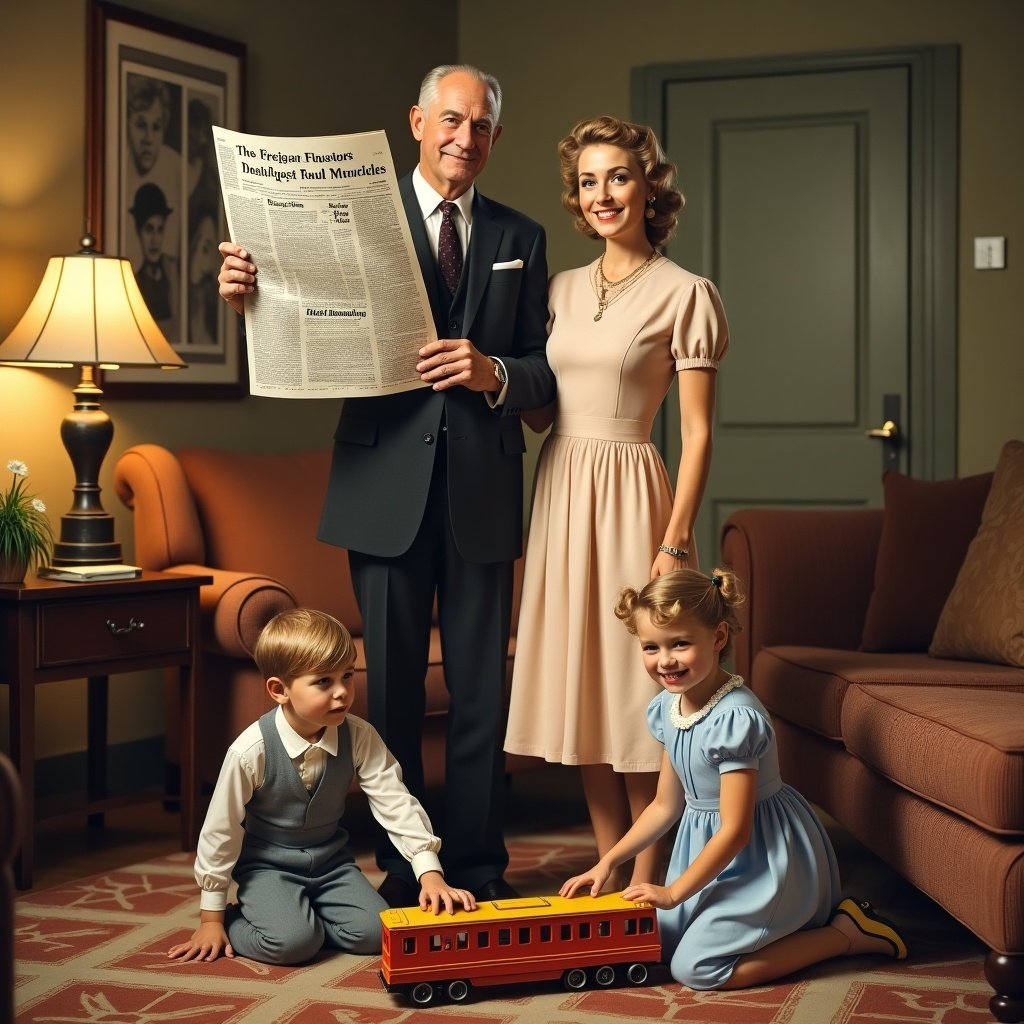 Family portrait in living room. Adults reading newspaper. Children playing with toy train.