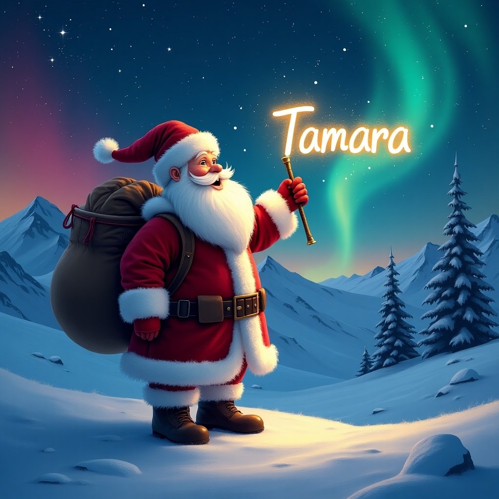 Traditional Santa Claus stands in snowy mountains. Santa writes name Tamara with magic wand. Northern lights display red, cerulean, and purple on the horizon.