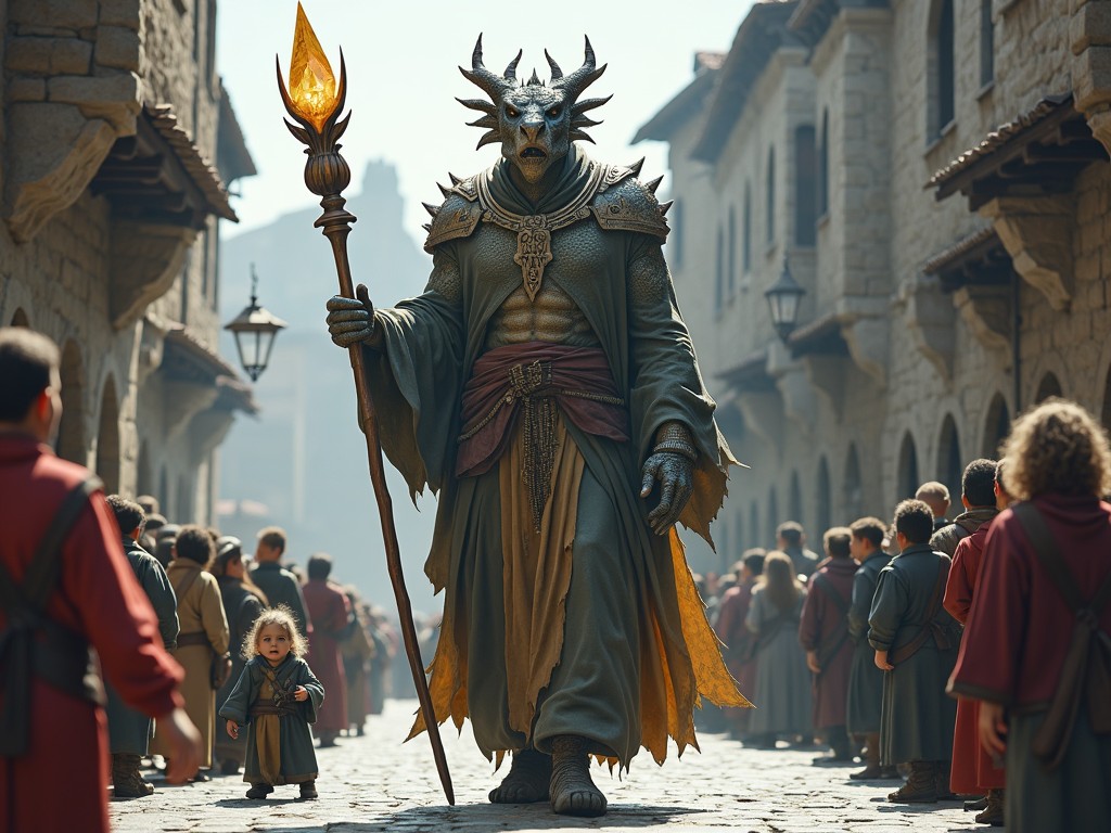 A towering hybrid with a strong human body and the head of a dragon walks confidently down a cobblestone street. His dragon head features shimmering scales and piercing eyes that seem to glow. He wears flowing robes adorned with arcane symbols that rustle with each step he takes. In his hand, he carries a staff topped with a glowing crystal that casts a warm light. Tiny onlookers stand beside him, gazing up in awe at his majestic presence, while ancient buildings frame the street in the background.