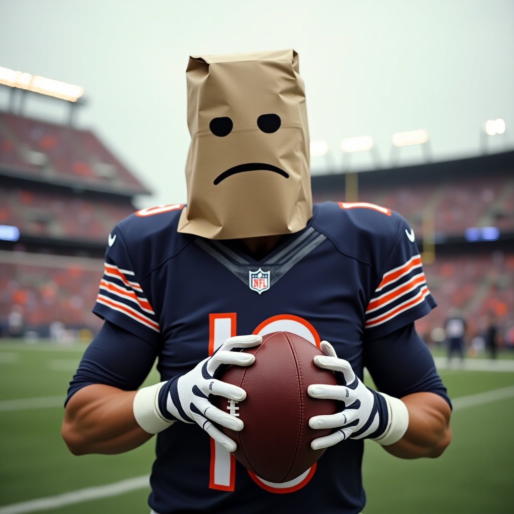 Chicago Bears football player holding a football. Paper bag covers head with a frown. Background shows a football stadium.