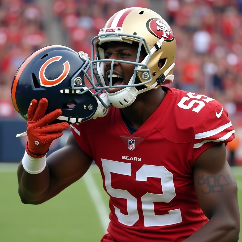 49ers player wearing a red jersey. Player holds a Chicago Bears helmet. Intense expression shows passion of rivalry. Bright stadium background.