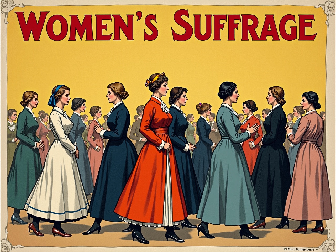 This is a vintage political reform poster advocating for women's suffrage in the 1800s. The poster features a group of women displayed in various outfits that reflect the fashion of different periods, emphasizing the evolution of women's roles in society. It prominently displays the title 'WOMEN'S SUFFRAGE' in bold letters, communicating the message clearly. The background is a warm yellow, enhancing the visual appeal. The depiction promotes the idea of equality and women's rights, showcasing the determination of women in the suffrage movement.