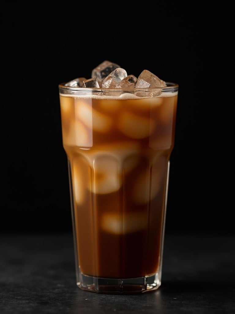 Iced Americano coffee served in a clear glass. Dark background deepens visual contrast. Ice cubes visible enhancing texture and appearance.