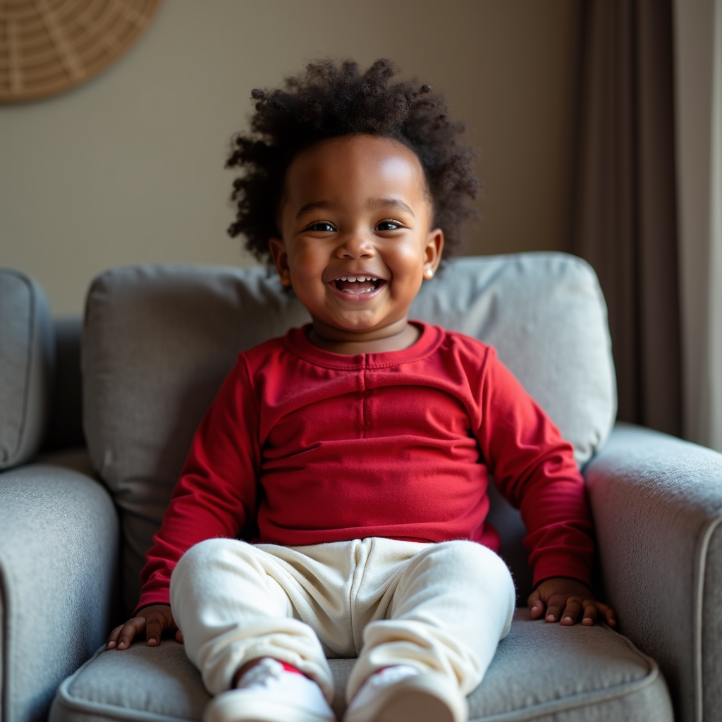 A smiling child in a red shirt and white pants sits joyfully on a grey sofa, exuding happiness.