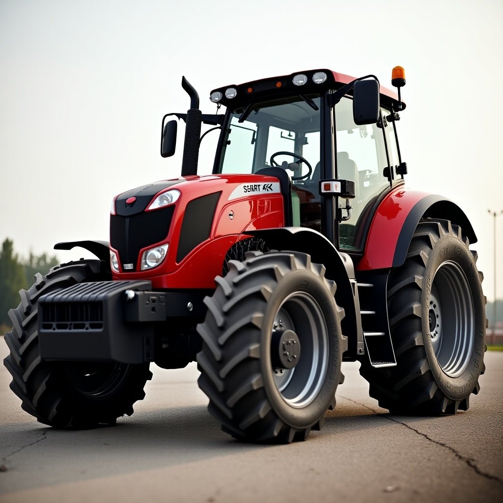 Image of a smart tractor in a modern design. The tractor is prominently displayed with large tires and a sleek body. Showcase its features and capabilities effectively.