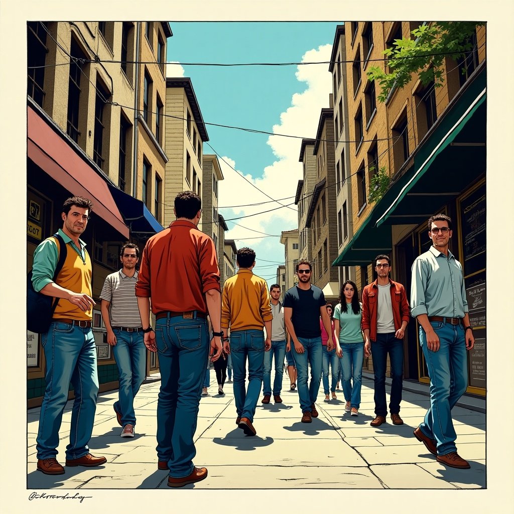 High-resolution comic book style page layout. Characters in street clothes engage in a lively urban scene. Detailed line work with vibrant colors. Captures essence of classic comic art.