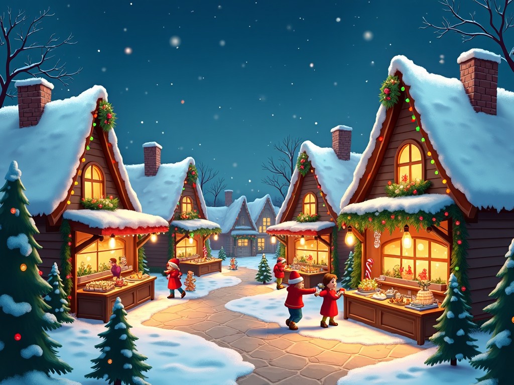 The scene depicts a charming Christmas village nestled under a starry night sky. Snow blankets the roofs of cozy houses adorned with colorful holiday lights. Children and adults in festive attire enjoy shopping at stands filled with holiday treats. The atmosphere is joyful and inviting, promoting a sense of community and celebration. Evergreen trees line the pathway, adding to the winter ambiance. It's a picturesque moment that captures the essence of the holiday season.