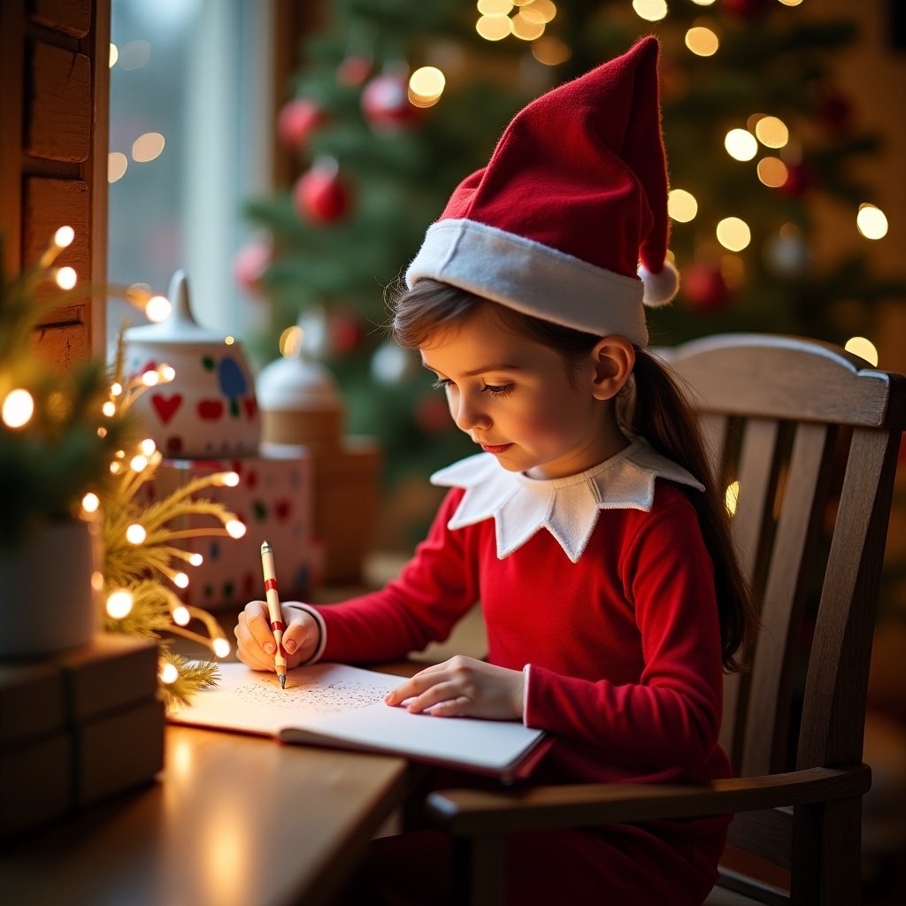 Girl in red outfit with white collar writing a letter at a wooden table. Christmas tree in background. Warm lights and decorations create a holiday atmosphere.