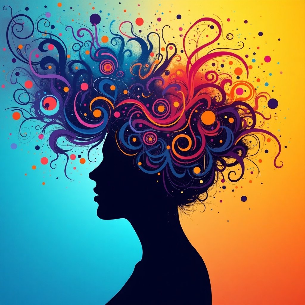 Artwork features profile of a woman with vibrant colors and swirling patterns. Hair transforms into explosion of colors like blue, orange, and purple. Background fades from blue to orange. Evokes feelings of joy and inspiration. This digital illustration embodies modern artistic expression.