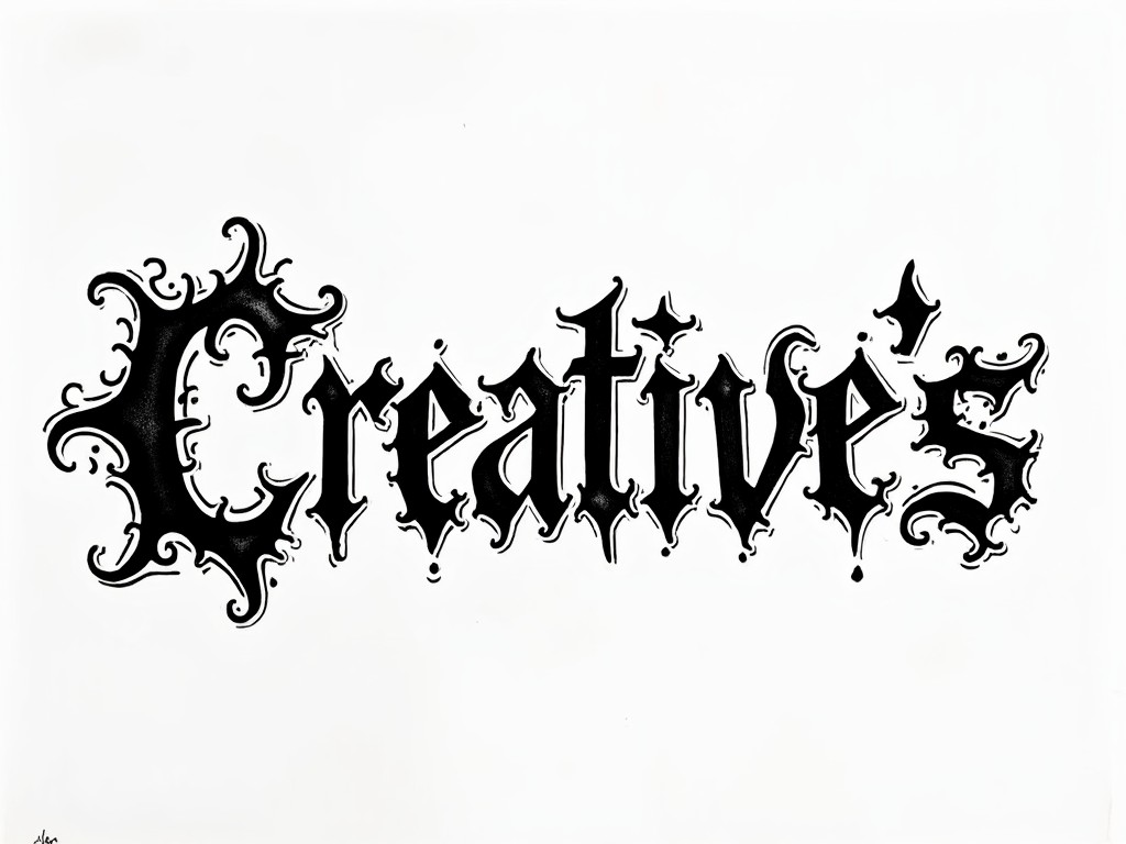 The image features the word 'Creative's' stylized in an elaborate font. The text is predominantly black and set against a white background. The lettering has intricate designs and swirls that enhance its artistic appearance. This type of typography is often used in creative fields, symbolizing innovation and artistry. It lends a vintage yet modern feel, suitable for various branding purposes.