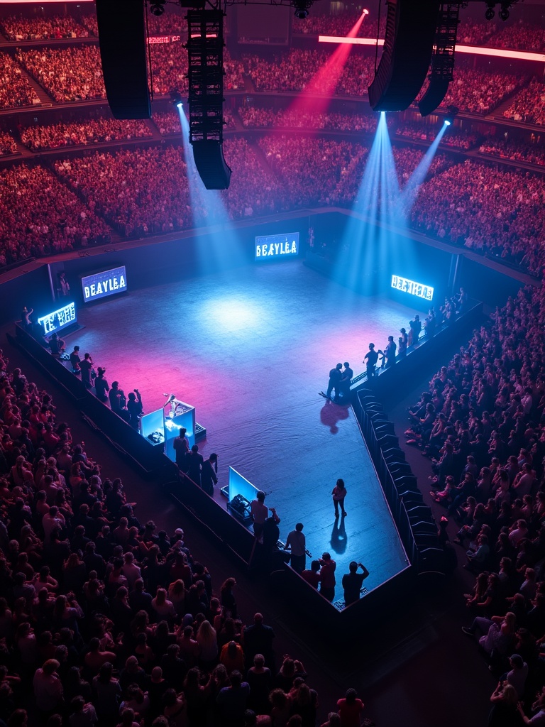 Travis Scott concert at Madison Square Garden. T-stage runway is focused with a large crowd watching. Aerial view shows dynamic lighting and stage setup.