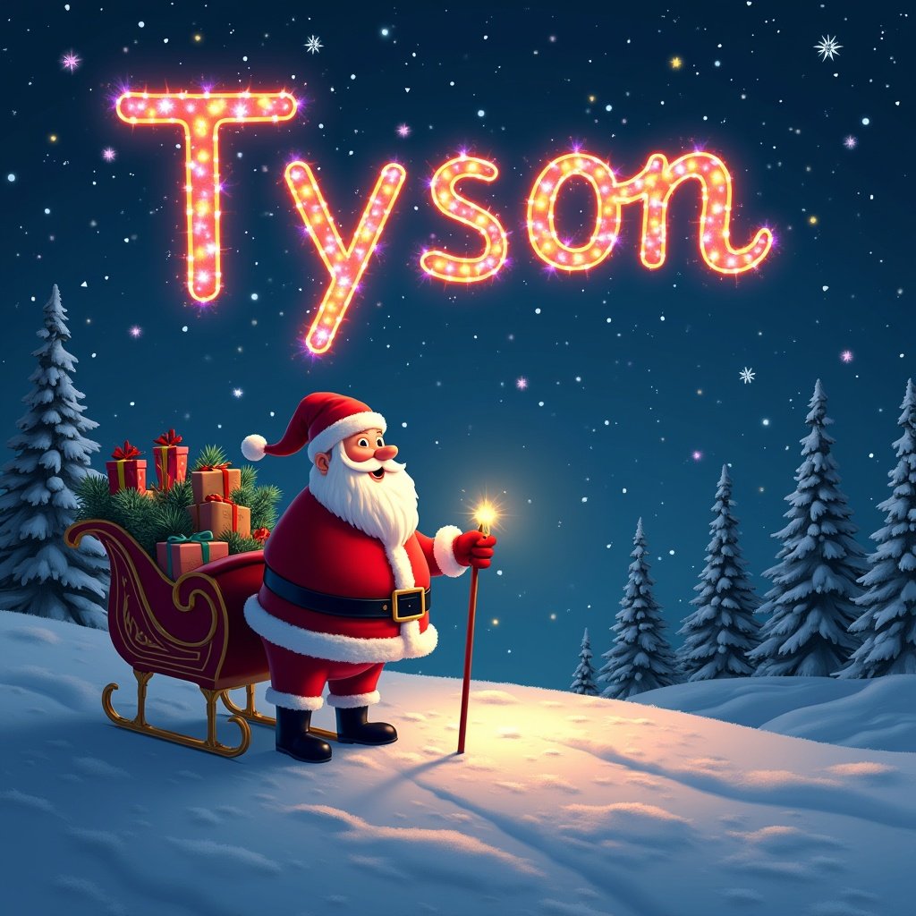 This image captures a beautiful Christmas theme featuring Santa Claus in a snowy landscape. Santa is joyfully writing the name 'Tyson' in the night sky with a colorful glow pen. In his sleigh, decorated with various gifts, he stands surrounded by snow-covered pine trees. The sky is dotted with stars, adding to the festive ambiance. The warm hues of the lights create a magical atmosphere, perfect for the holiday season.