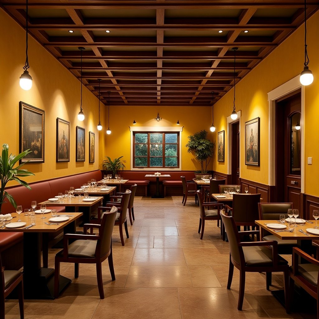 A restaurant showcasing South Indian heritage. Features a nostalgic ambience with traditional decor. It is a one floor establishment. Tables set for dining, including cutlery. Warm lighting creates an inviting atmosphere.