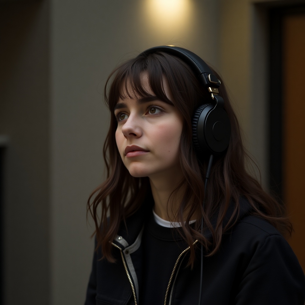 A girl with long brown hair is quietly listening to a song while wearing black headphones. She appears lost in thought, absorbed in the music. The background features soft lighting that enhances her contemplative expression. Dressed in casual attire, her relaxed style complements the serene atmosphere. This image captures a moment of peaceful enjoyment of music in a modern setting.