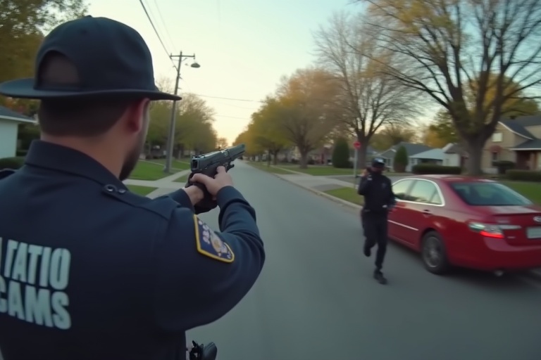 Police officer in uniform points a gun at suspect. Officer is in focus aiming the gun. Suspect runs away on the street. Residential area in the background. Daylight with trees lining the street.