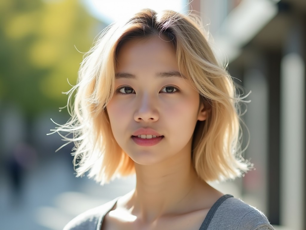 This image features a fresh-looking Korean woman with slightly shorter, messy blonde hair. She appears to have a natural and inviting expression, capturing a moment in a lively urban setting. The warm sunlight enhances her features, while the blurred background suggests a casual atmosphere. The overall vibe of the photograph is youthful and trendy, making it suitable for various lifestyle and fashion contexts. The soft lighting creates a flattering effect on her skin tone, adding to the image's appeal.