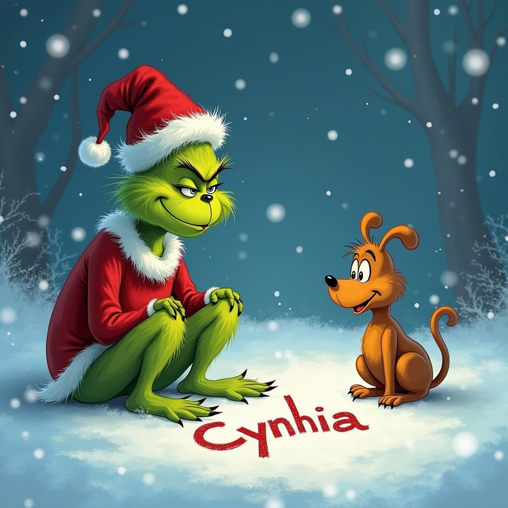 The Grinch and Max the dog sit on snowy ground. They write Cynthia in the snow. The Grinch wears a Santa hat and red suit. Magical winter atmosphere surrounds them.